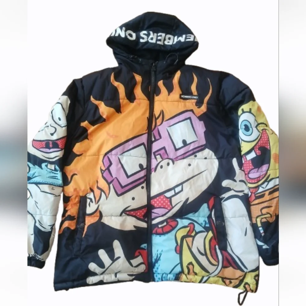Members Only Puffer Jacket Men‎ Medium Black Nickelodeon Chuckie SpongeBob Print